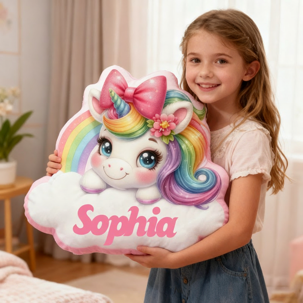 Personalized Christmas Gift Pillow Pastel Colors Custom Name and Whimsical Fantasy Style Graphic 3D Print Pillow for Kids