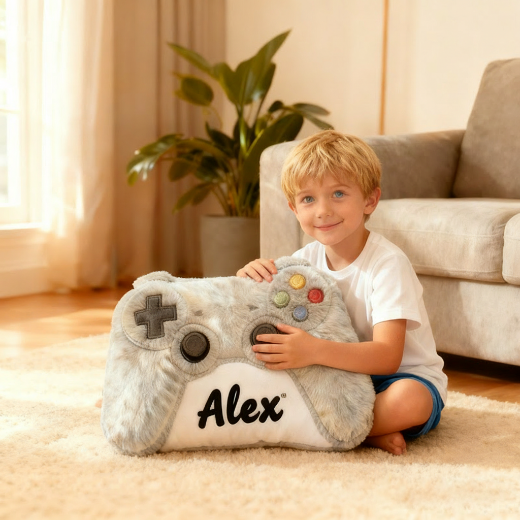 Personalized Graphic 3D Print Grayish White Game Controller Shaped Pillow for Game Lovers Plush Pillow Christmas Gift for Kids