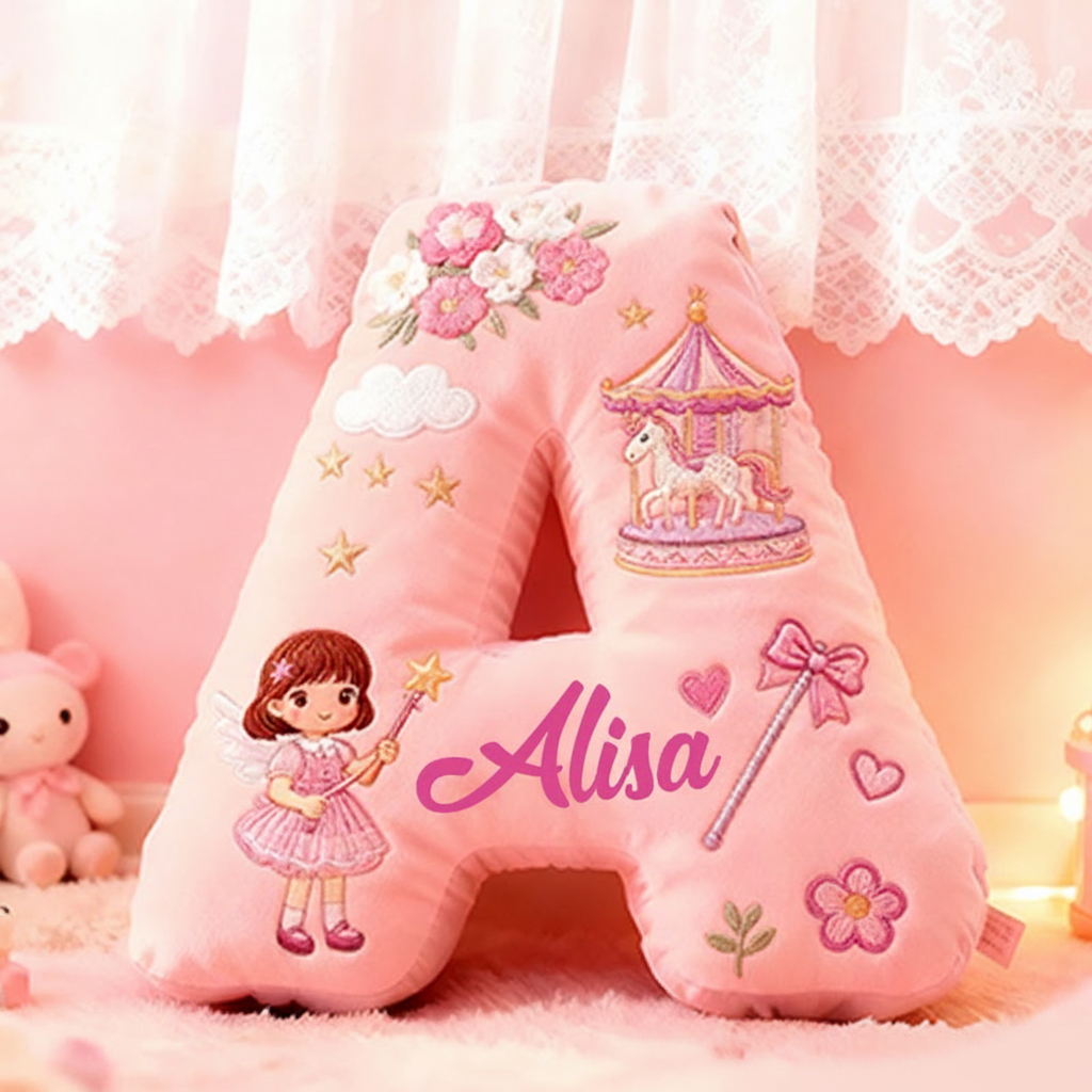 Personalized Pink Letter Christmas Gift Pillow Pink Fairy Tale Design Carousel Magic Wand Flowers and Whimsical Embroidery Graphic 3D Print Pillow