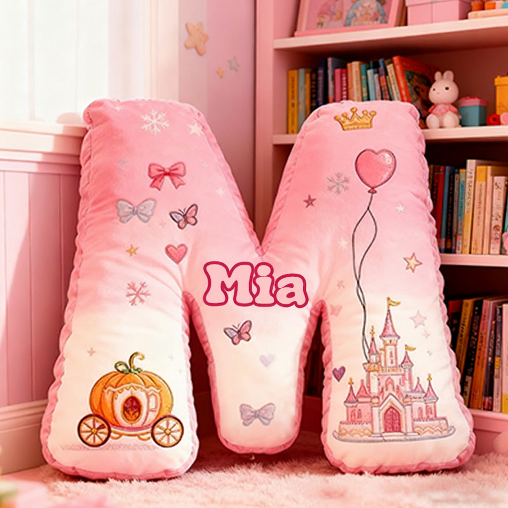 Personalized Letter Christmas Gift Pillow Princess Theme Castle Pumpkin Carriage Crown Balloons and Whimsical Fairy Tale Design Graphic 3D Print Pillow