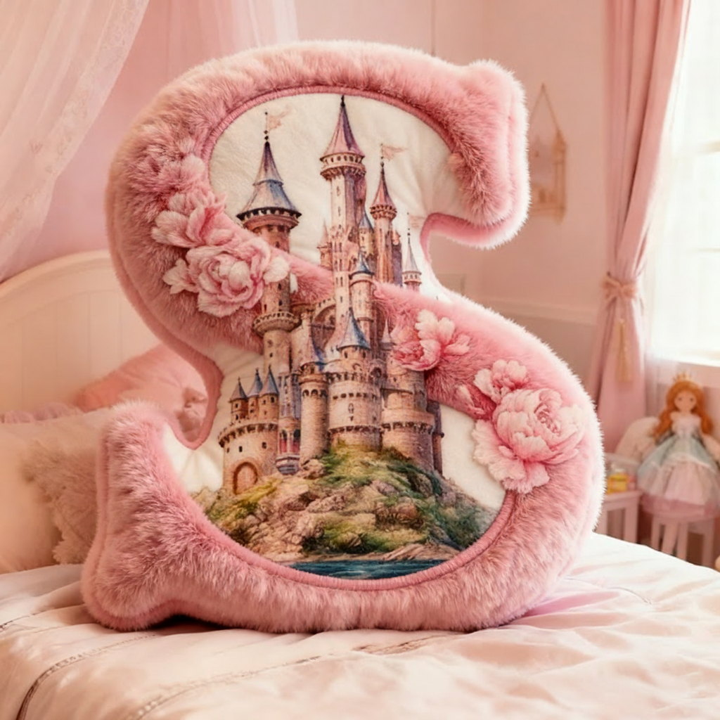 Personalized Pink Letter Christmas gift Pillow with Fairy Tale Castle Design Pink Fantasy Theme Dreamy Princess Style Graphic 3D Print Pillow