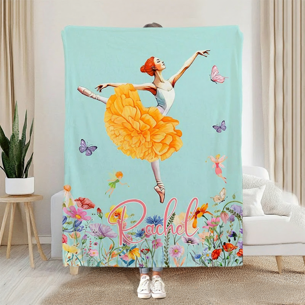 Personalized Ballet Girl Birth Flower Blanket Flannel Blanket Ballet Lover Blanket with Name for Dance Lovers Dance Team Birthday Gift for Girls