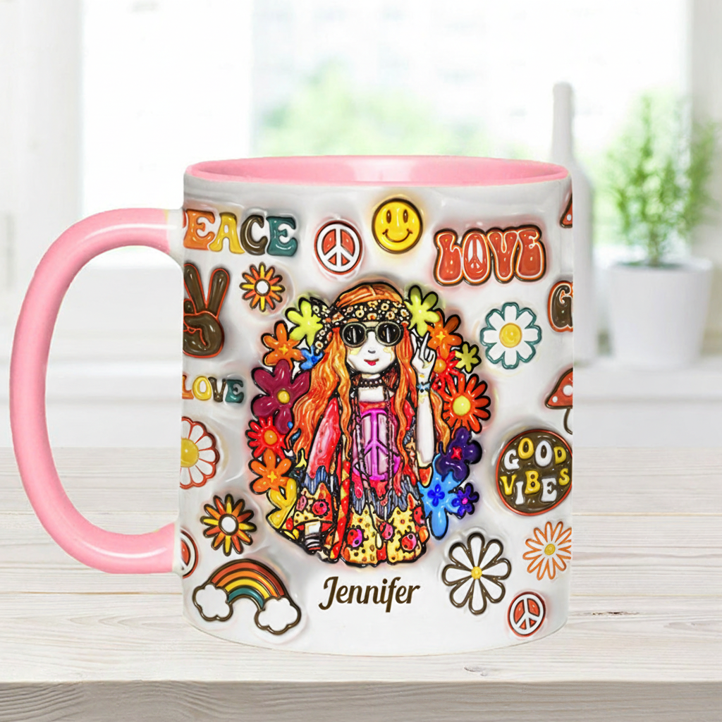 Personalized Name Hippie Accent Mug Hippie Girl Hippie Soul Peace Love Mug for Music Lover Gift
