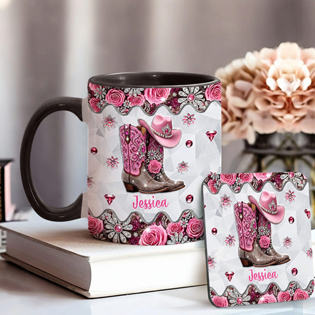 Personalized Name Cowgirl Accent Mug Custom Cowgirl Boots Gift for Music Lover Without Coaster