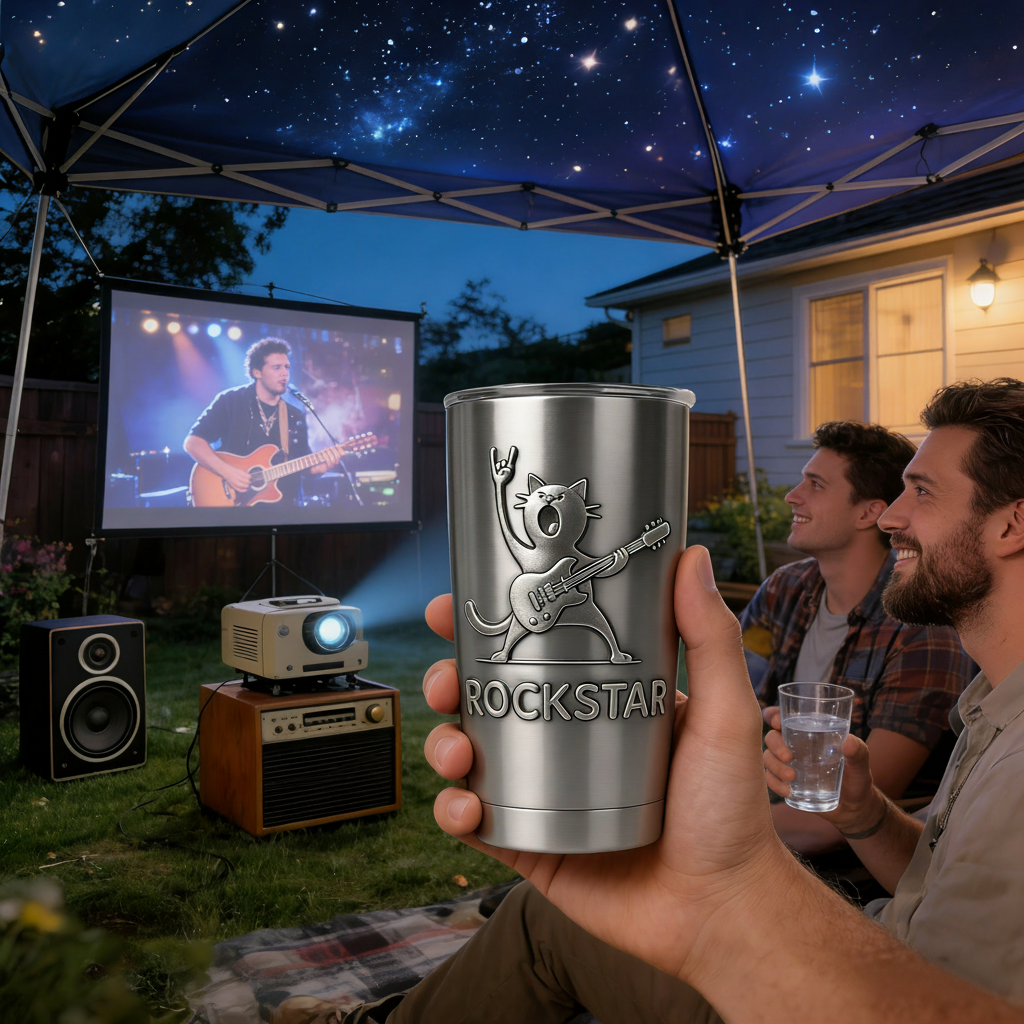 Personalized Rock Cat Stainless Steel Tumbler Custom Name Gift for Guitarists Band Members Music Lovers for Performances Birthdays Holiday Parties