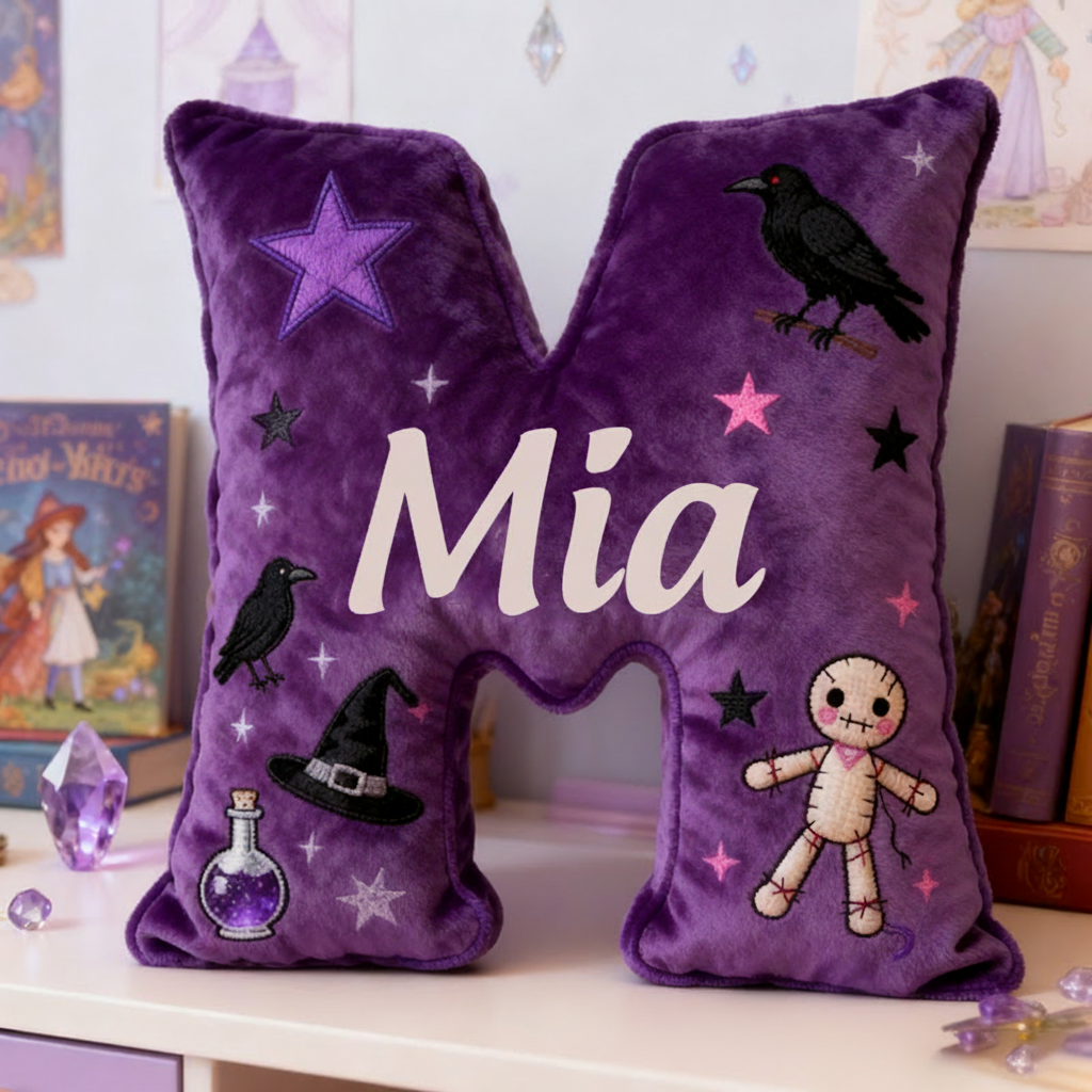 Personalized Purple Letter Pillow with Name Purple Witchy Theme and Mystical Design Graphic 3D Print Pillow
