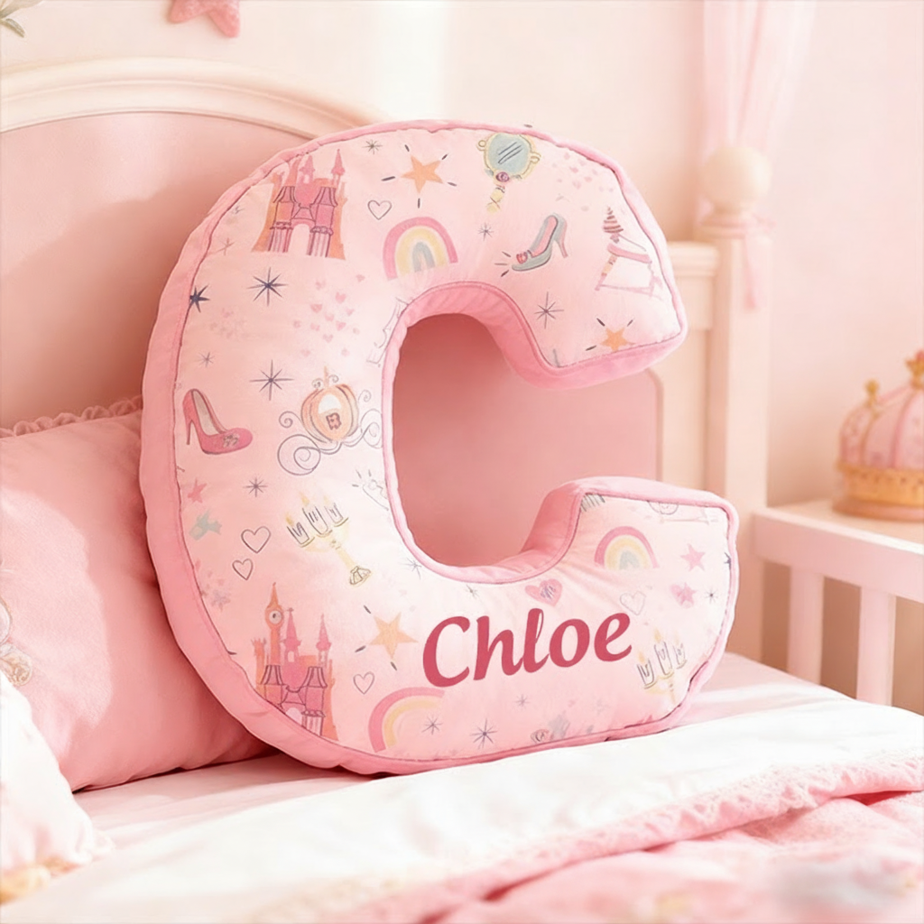 Personalized 26 Letters Christmas Gift Pink Pillow with Castles Rainbows Stars and Whimsical Fairy Tale Design Graphic 3D Print Pillow for Kids