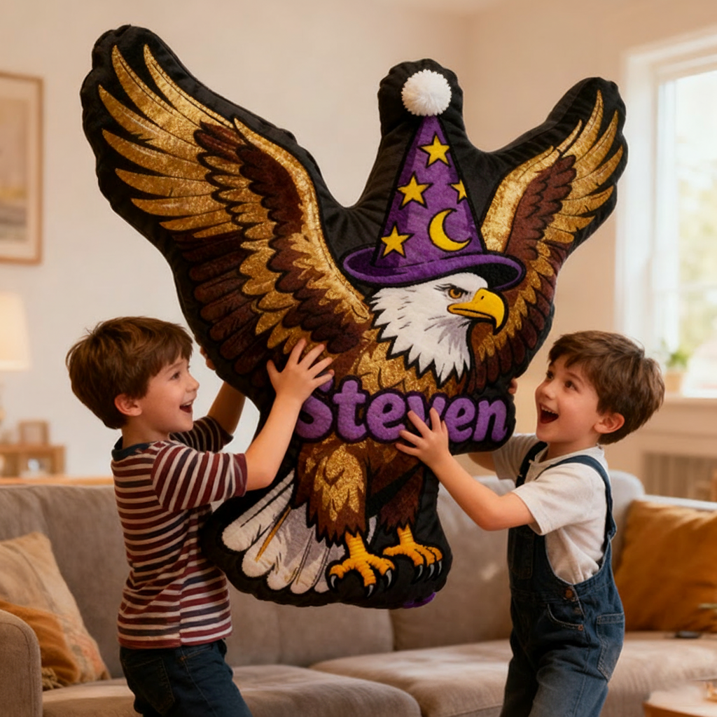 Personalized Eagle Shaped Pillow with Golden Wings Wizard Hat Moon Stars and Magical Design Graphic 3D Print Pillow