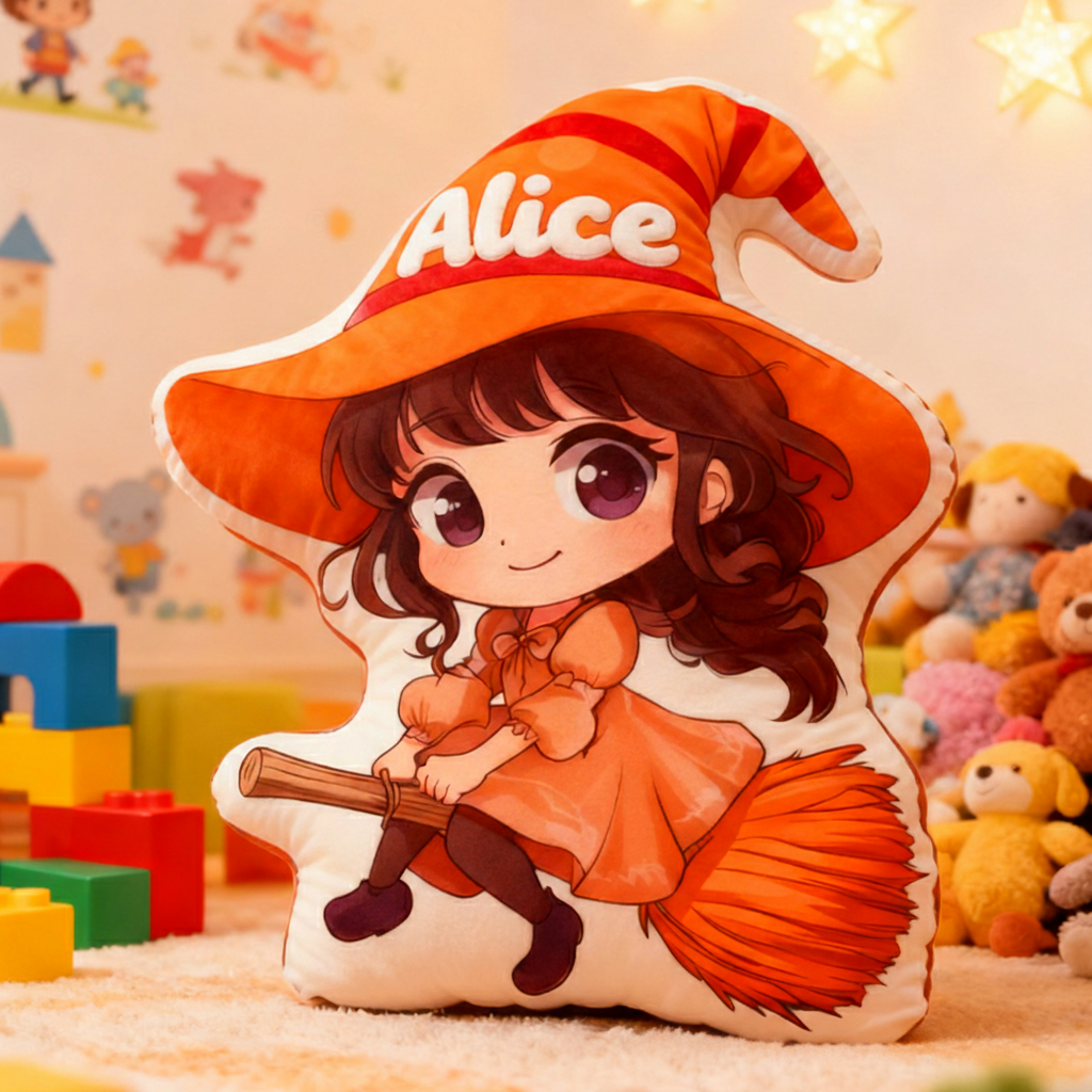 Personalized Graphic 3D Print Magic Witch Pillow with Your Name Soft Stuffed Toy for Kids Unique Decorative Cushion for Girls' Room