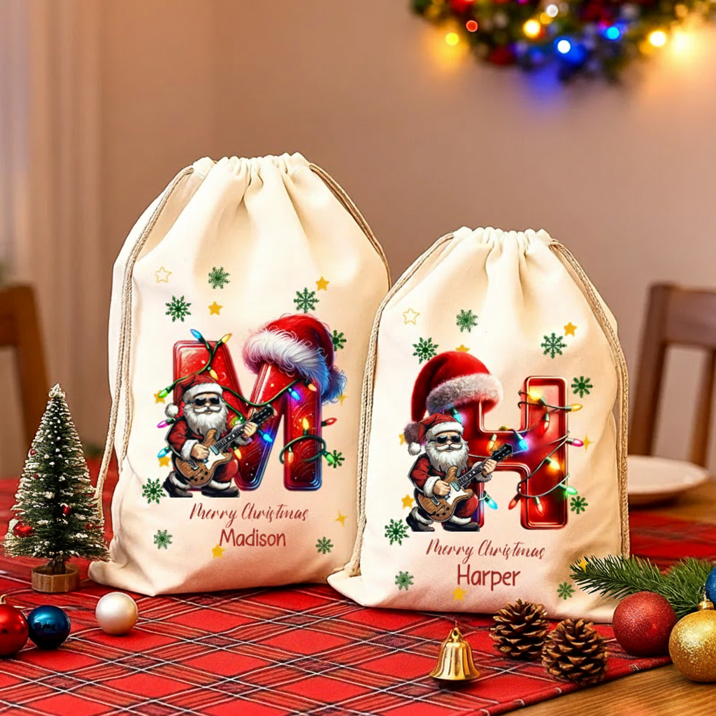 Personalized Cartoon Character Christmas Hat Light Strip Initial Large Gift Christmas Bag With Name Christmas Festival Party Gift for Music Lover