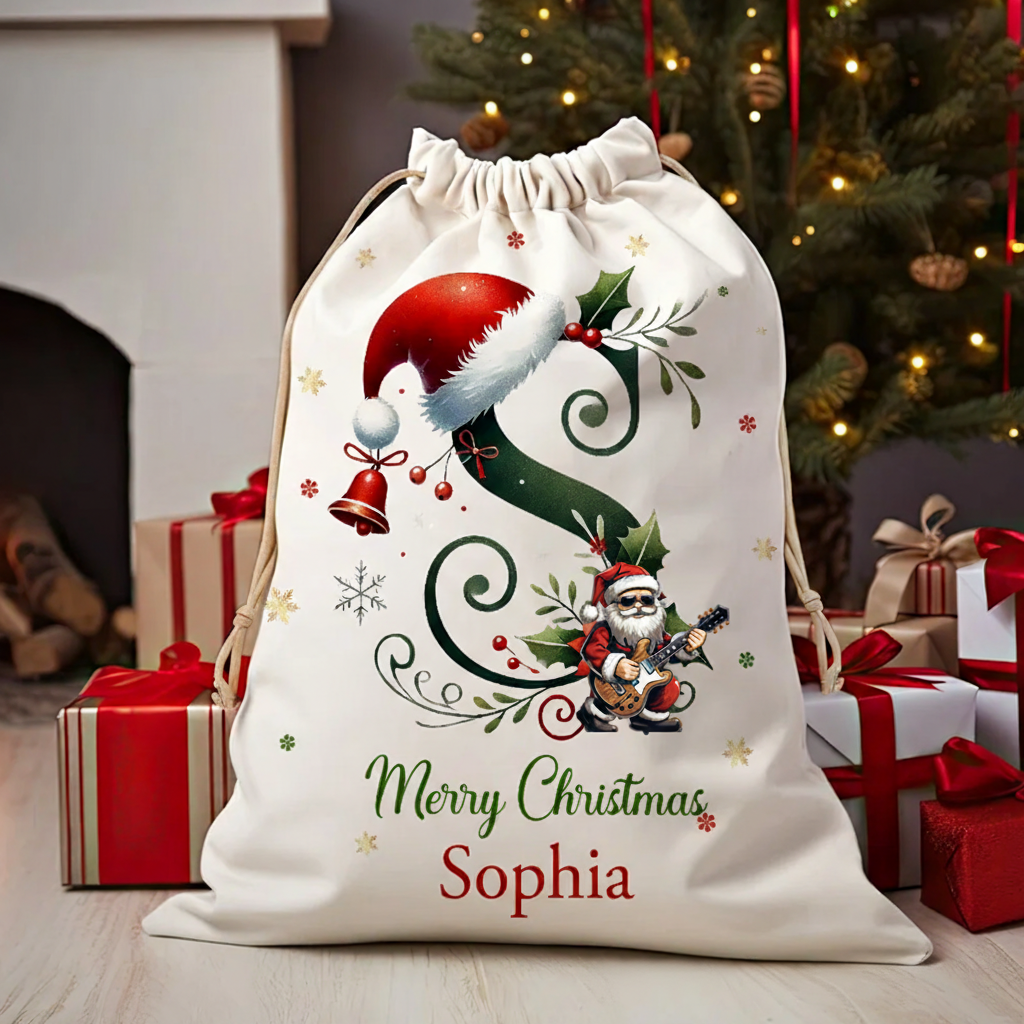 Personalized Music Lover Bell Santa Hat Initial Drawstring Canvas Gift Bag with Name Christmas Party Gift Christmas Sack