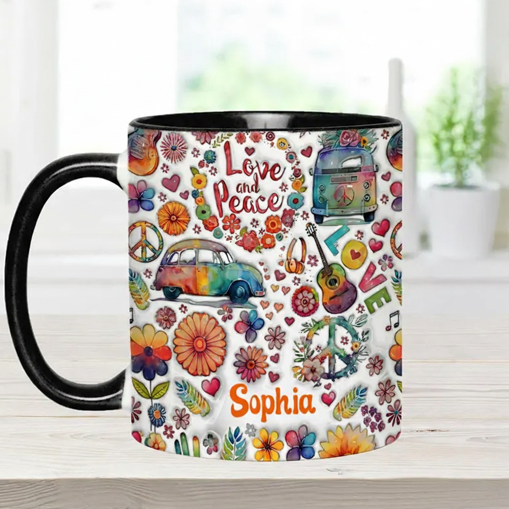 Personalized Hippie Accent Mug Love and Peace Accent Mug Flower Van Guitar Peace Sign Coffee Mug Ceramic Mug Custom Mug