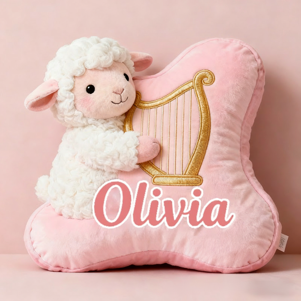 Personalized Graphic 3D Print Pink-White Sheep & Harp Pillow With Your Own Name Soft Stuffed Toy for Kids Unique Decorative Cushion for Girls' Room