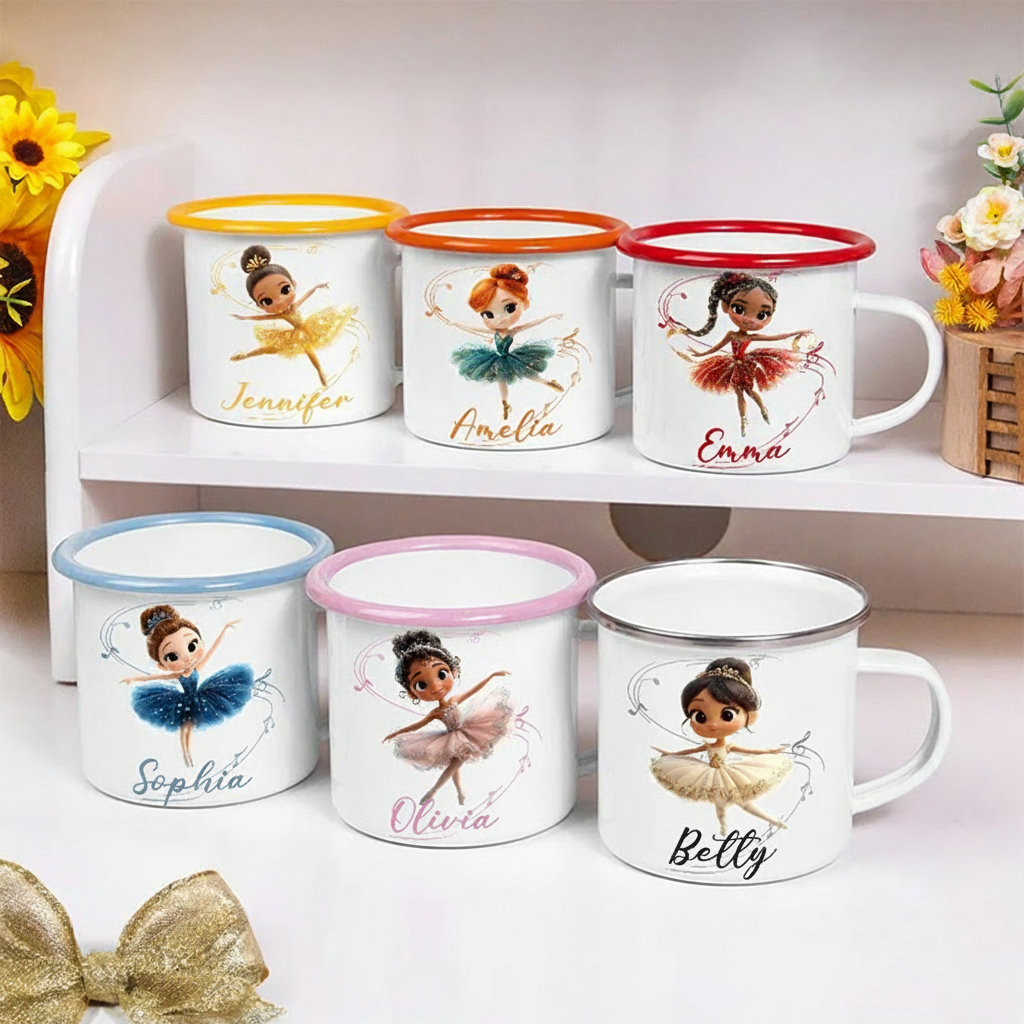 Personalized Cute Cartoon Ballet Girl Dance Lover Enamel Mug with Initial and Name Back to School Birthday Gift for Kids