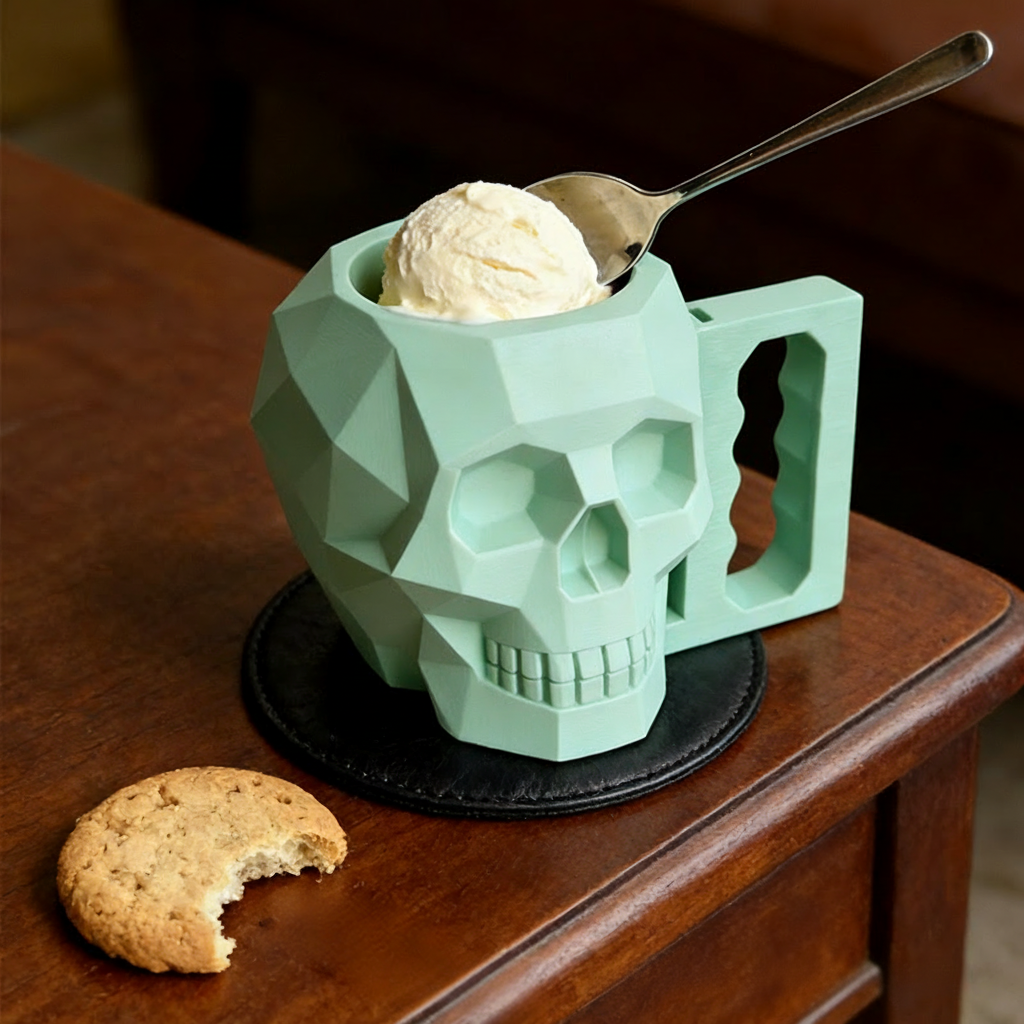 Personalized Low Poly Style Skull Gamer Ice Cream Pint Holder with Spoon Slots Eco-Friendly 3D Print for Game Lovers