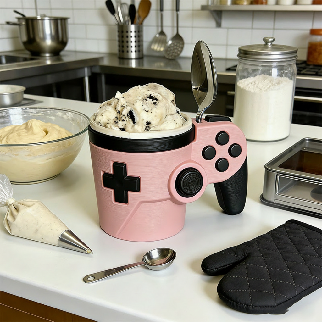 Personalized Couple Morden Controller Gamer Ice Cream Pint Holder with Spoon Slots Eco-Friendly 3D Print for Game Lovers