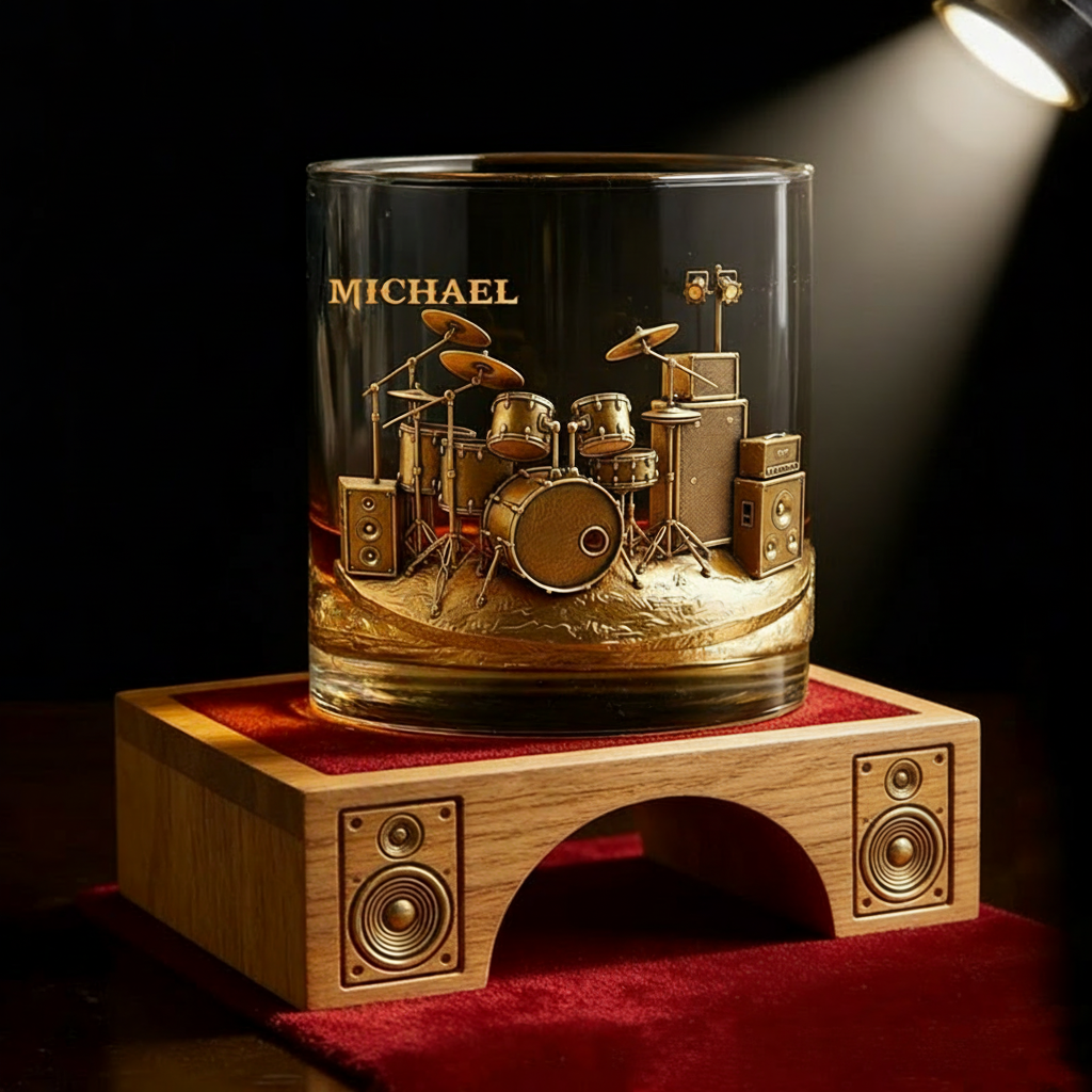 Personalized Drum Set Whiskey Glass Custom Name Whiskey Glass Engraved Glasses Gift Drummer Birthday Concert Holiday Gift