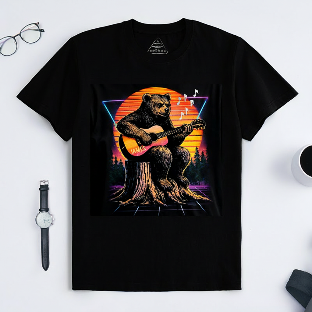 Personalized Classic T-Shirts Neon Bear Guitarist T-Shirt Vintage Music Graphic Tee for Music Lovers