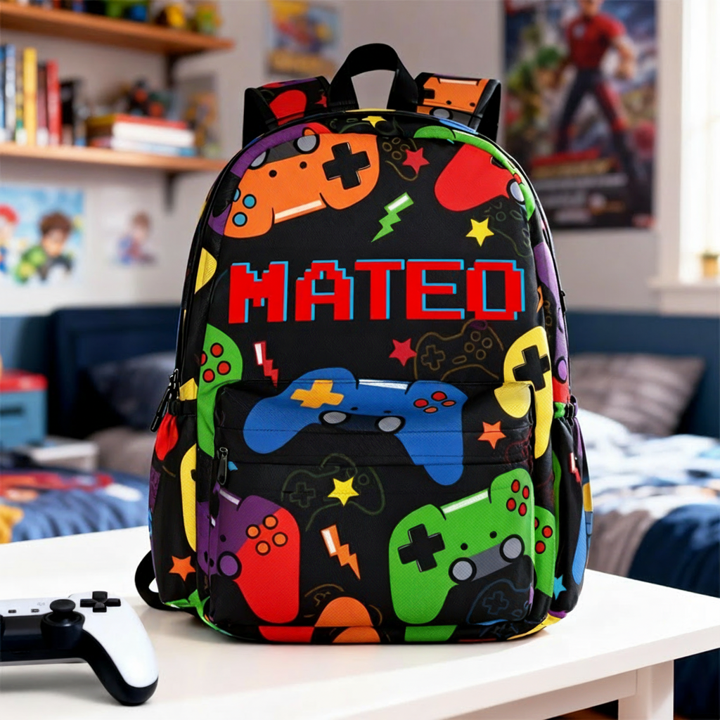 Personalized Game Controller Pattern Backpack with Name and Initial Back to School Game Lover Gift for Boys Girls