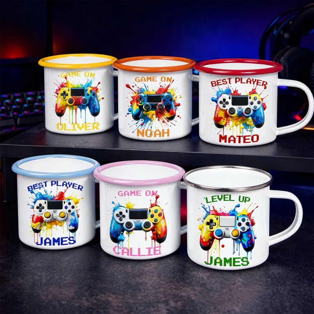 Personalized Watercor Ink Splash Controller 12oz Enamel Mug with Initial and Name Back to School Birthday Game Lover Gift for Kids