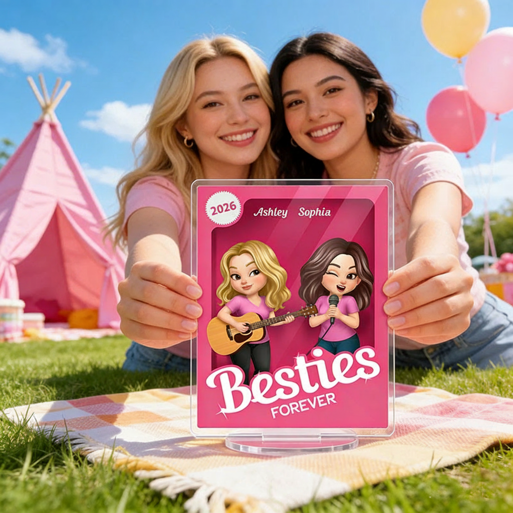 Personalized Besties Forever Pink Action Figure Acrylic Block Plaque Customizable with Photos and Names Meaningful Gift For Best Friend Guitar Lovers Music Lovers