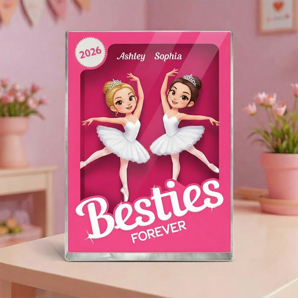 Personalized Besties Forever Pink Ballet Action Figure Acrylic Block Plaque Customizable with Photos and Names Meaningful Gift For Best Friend Dance Lovers