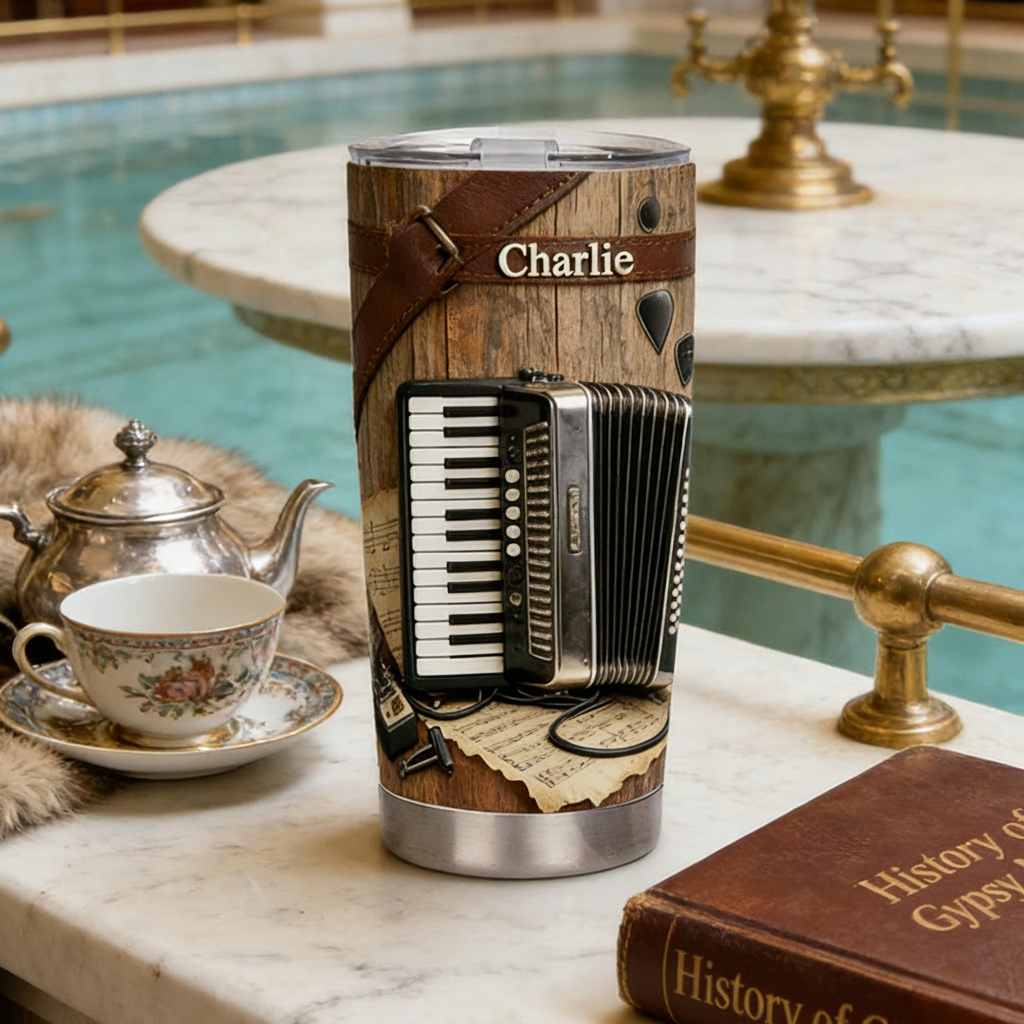 Personalized 2D Flat Accordion Elegance  20oz Tumbler Custom Music Themed Tumbler for Music Lovers