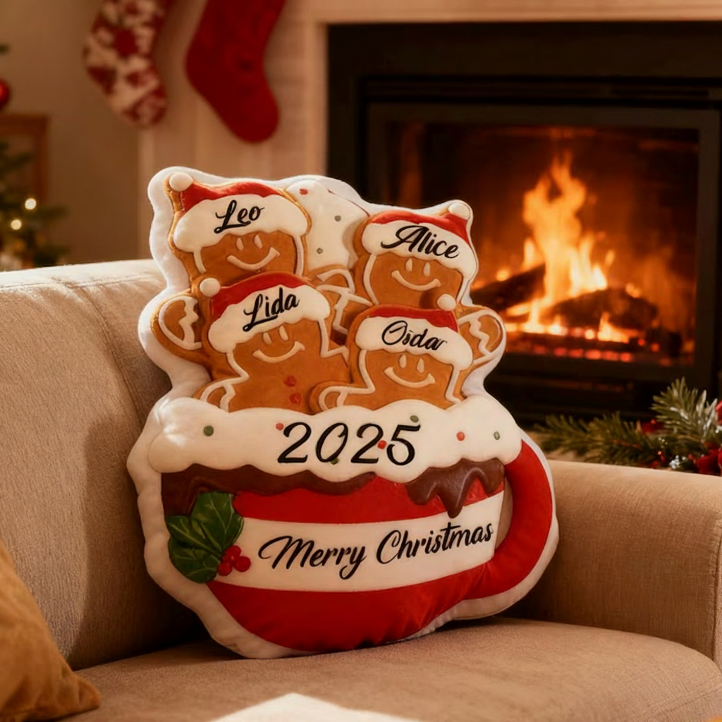 Personalized Gingerbread Family Pillow Custom Name Xmas Cushion Holiday Decor Gift Gingerbread Mug Pillow Merry Christmas 2025