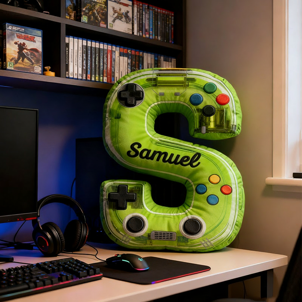 Personalized Graphic 3D Print Neon Controller Alphabet Shaped Pillow for Game Lovers Initial Pillow Christmas Gift for Kids