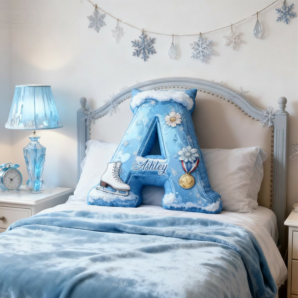 Personalized Graphic 3D Print Snowy Ice Skating Alphabet Shaped Pillow for Ice Skate Lovers Initial Pillow Christmas Gift for Kids