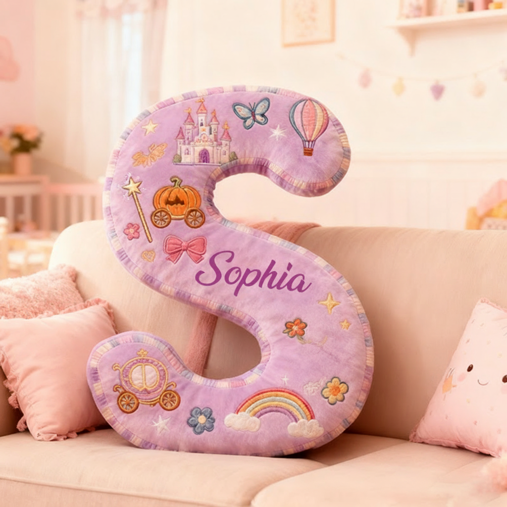 Personalized Princess Letter Christmas Gift Pillow Purple Design and Fairytale Embroidery Graphic 3D Print Pillow for Kids