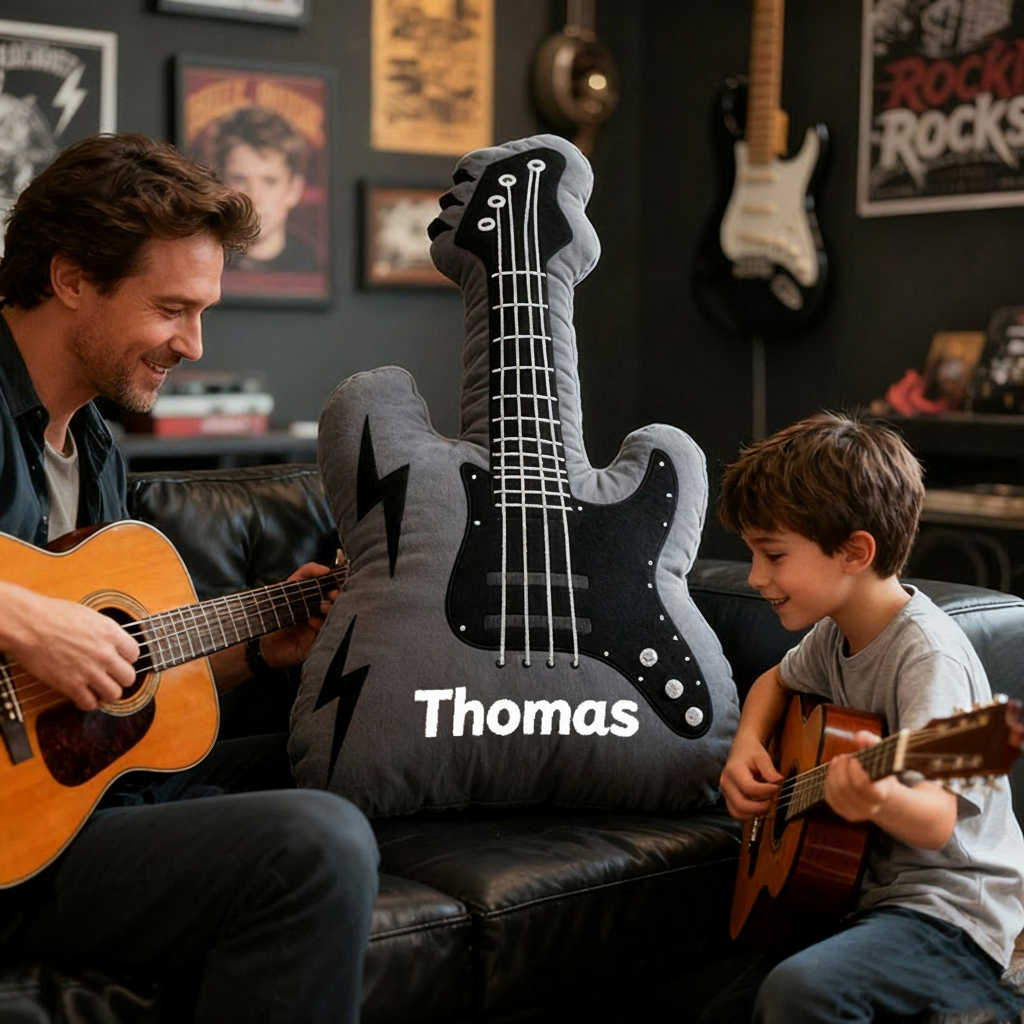 Personalized Graphic 3D Print Electric Guitar Pillow With Your Own Name Soft Stuffed Toy for Rock Music Lovers Unique Decorative Cushion for Boys' Room and Music Room