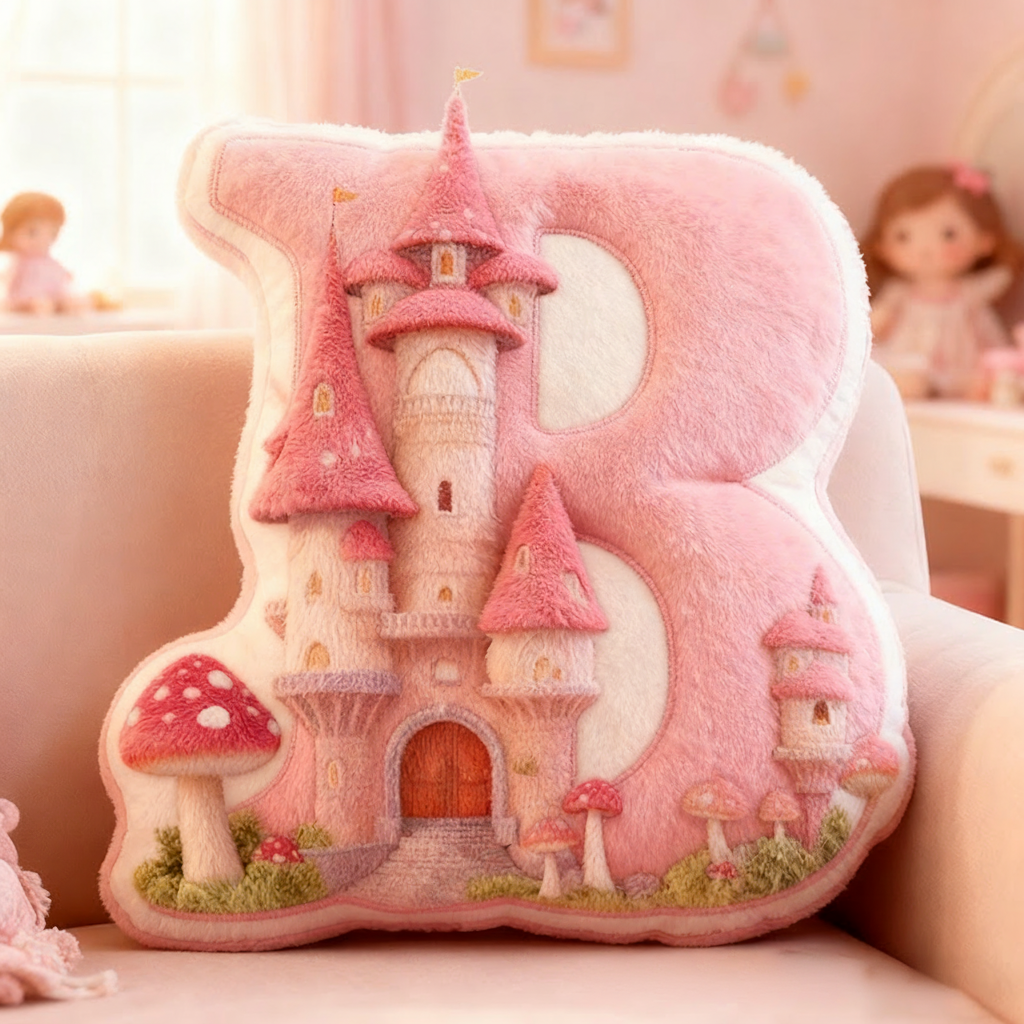 Personalized Letter Pillow with Mushroom House Design Pink Fairy Tale Theme Enchanted Tower and Magical Decorative Touch Graphic 3D Print Pillow