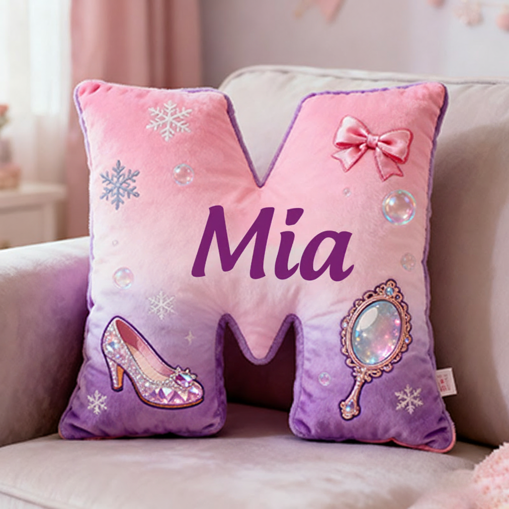 Personalized Colorful 26Letters Magic Mirror and Crystal Shoe Cute Graphic 3D Print Pillow Cute Magic Beautiful Letter Custom Pillow Gift for Kids