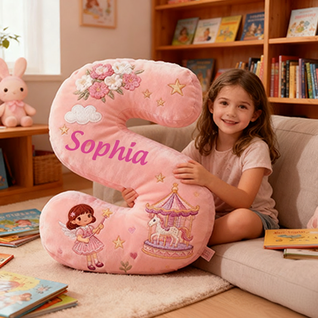 Personalized Pink Letter Christmas Gift Pillow Pink Fairy Tale Design Carousel Magic Wand Flowers and Whimsical Embroidery Graphic 3D Print Pillow