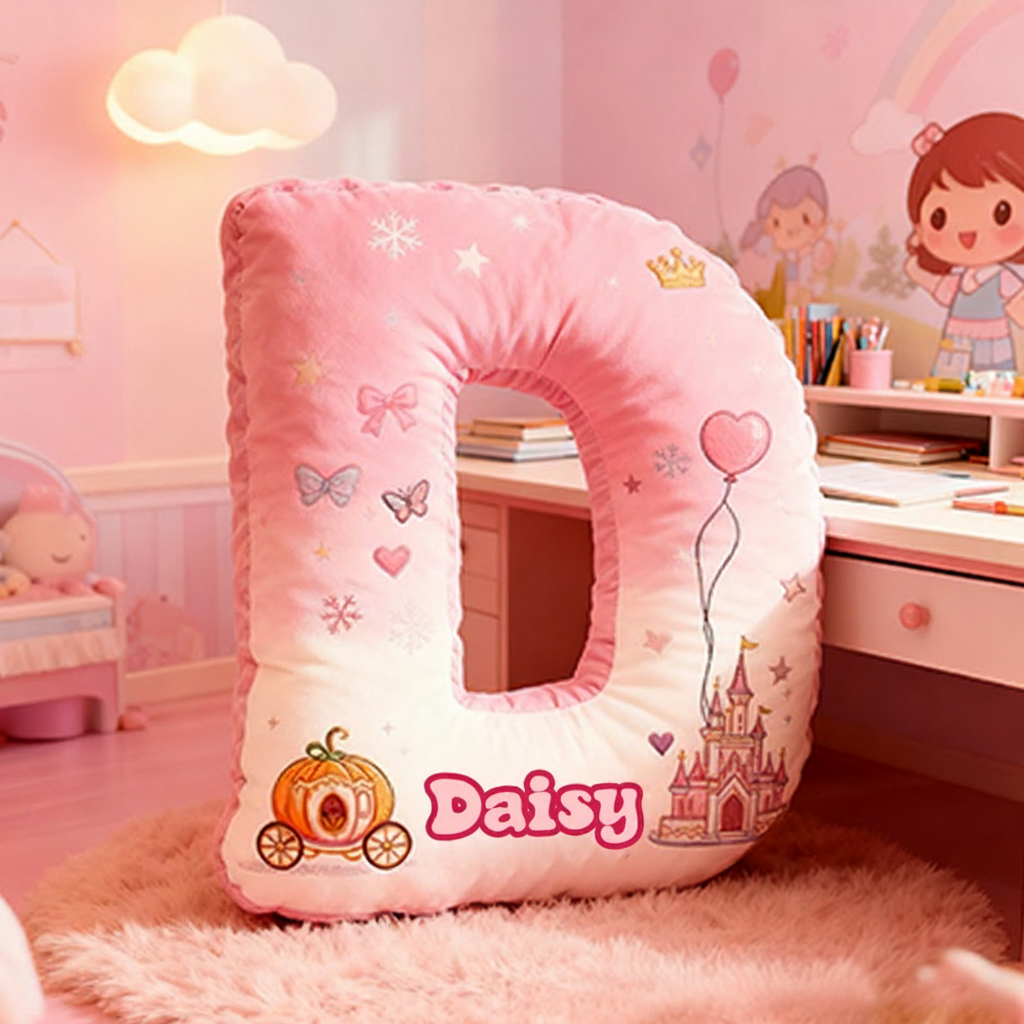 Personalized Letter Christmas Gift Pillow Princess Theme Castle Pumpkin Carriage Crown Balloons and Whimsical Fairy Tale Design Graphic 3D Print Pillow