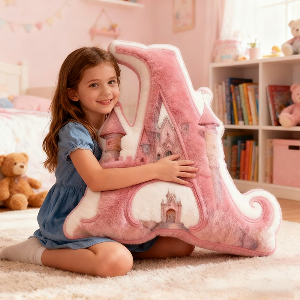 Personalized Pink Letter Christmas gift Pillow with Fairy Tale Castle Design Pink Fantasy Theme Dreamy Princess Style Graphic 3D Print Pillow