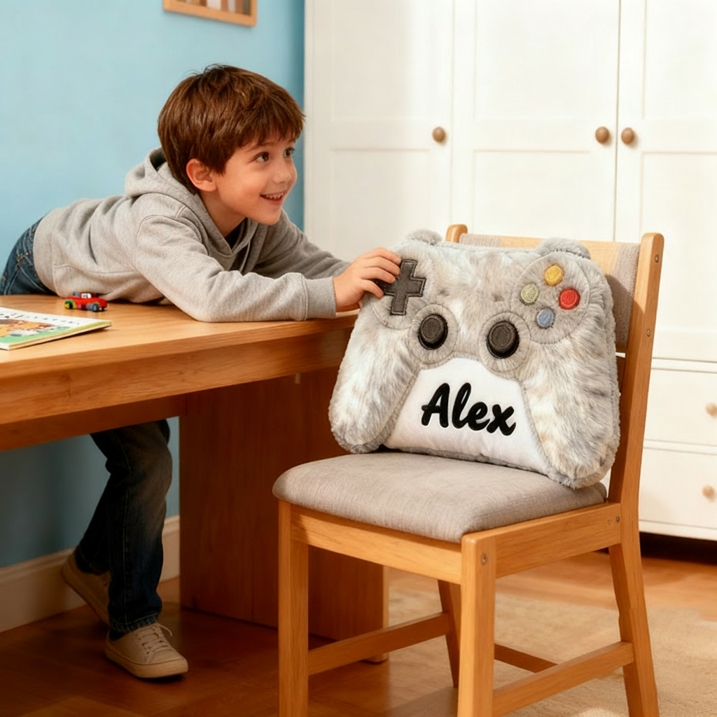 Personalized Graphic 3D Print Grayish White Game Controller Shaped Pillow for Game Lovers Plush Pillow Christmas Gift for Kids