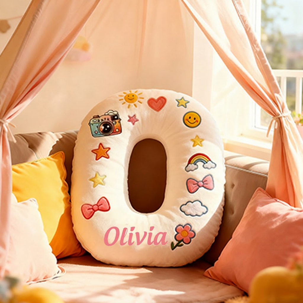 Personalized 26 Letters Shaped Christmas gift Pillow with Cute Camera Bowknots Flowers Smiley Faces Stars and Pastel Design Graphic 3D Print Pillow