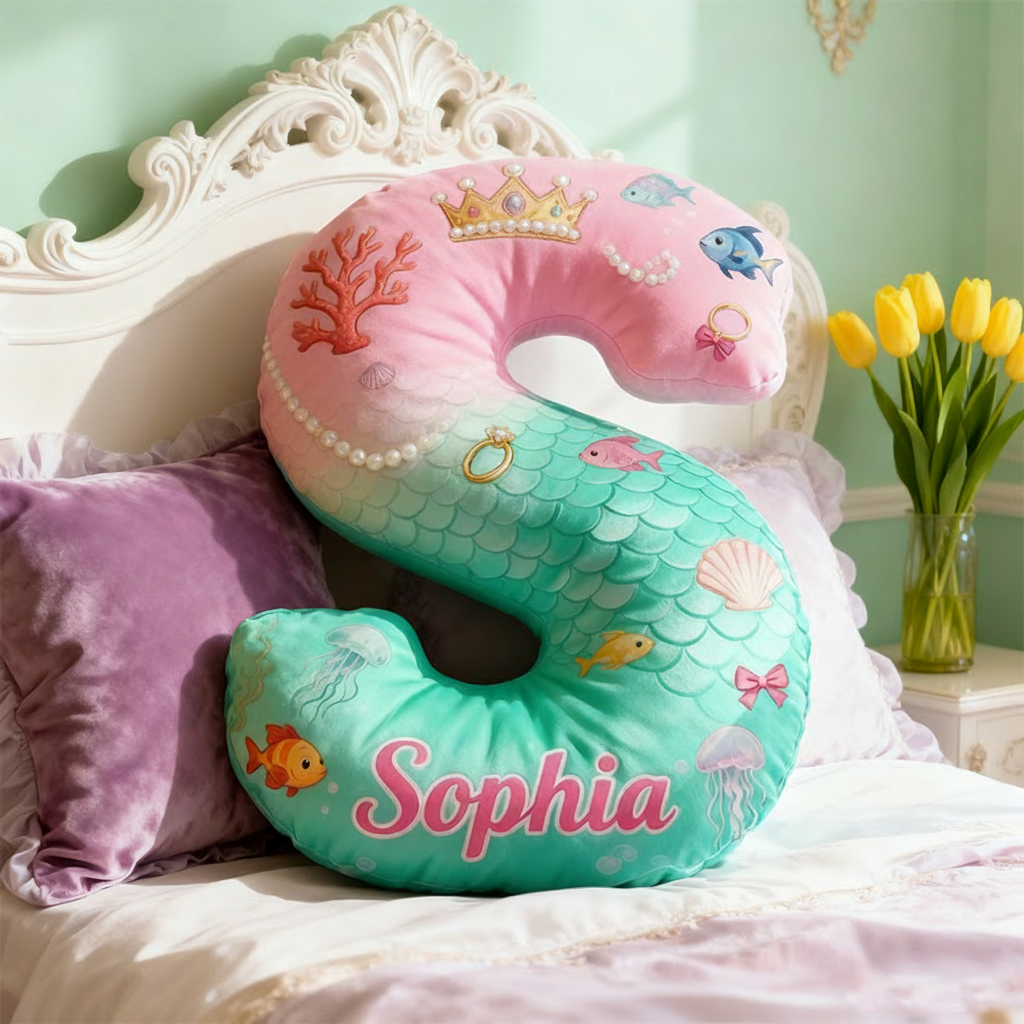 Personalized Graphic 3D Print Cartoon Ocean And Love Tale Alphabet Shaped Pillow for Cartoon Lovers Initial Pillow Christmas Gift for Kids Sale-megacustom