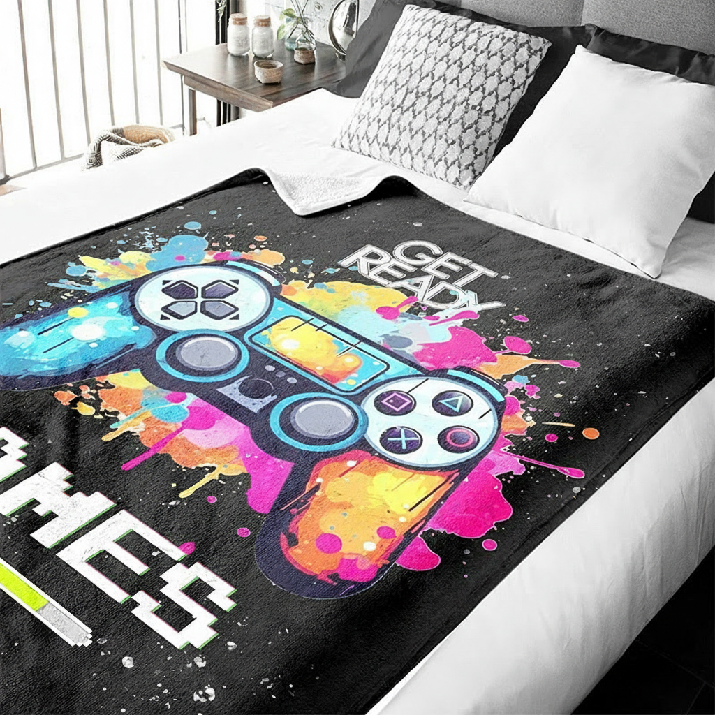 Personalized Color Ink Get Ready Gamepad Blanket Flannel Blanket Gaming Blanket with Name for Game Lovers Gamer