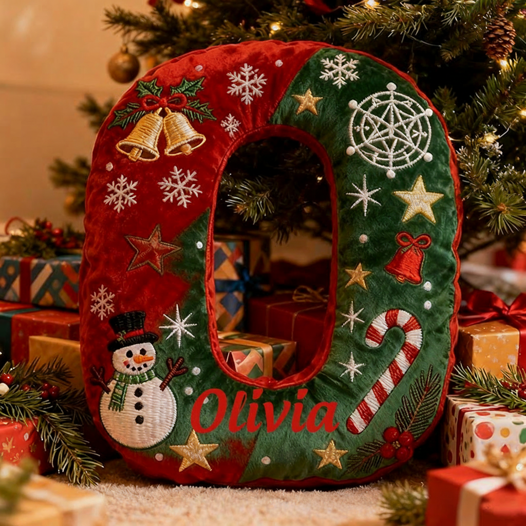 Personalized Letter Christmas Gift Pillow with Name Festive Red and Green Design Graphic 3D Print Pillow for Kids