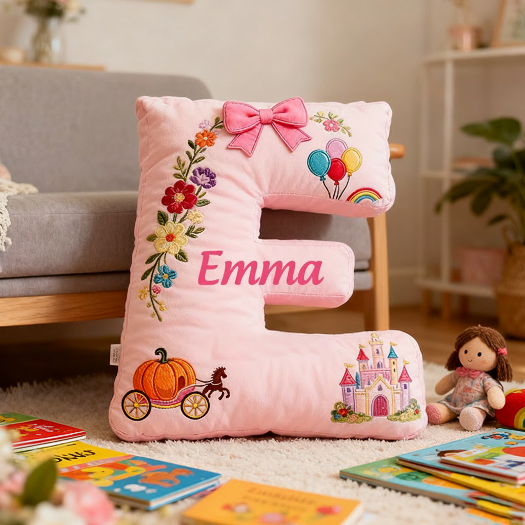 Personalized Pink Letter Christmas Gift Pillow with Castle Pumpkin Carriage Rainbow for a Fairytale Inspired Design Graphic 3D Print Pillow