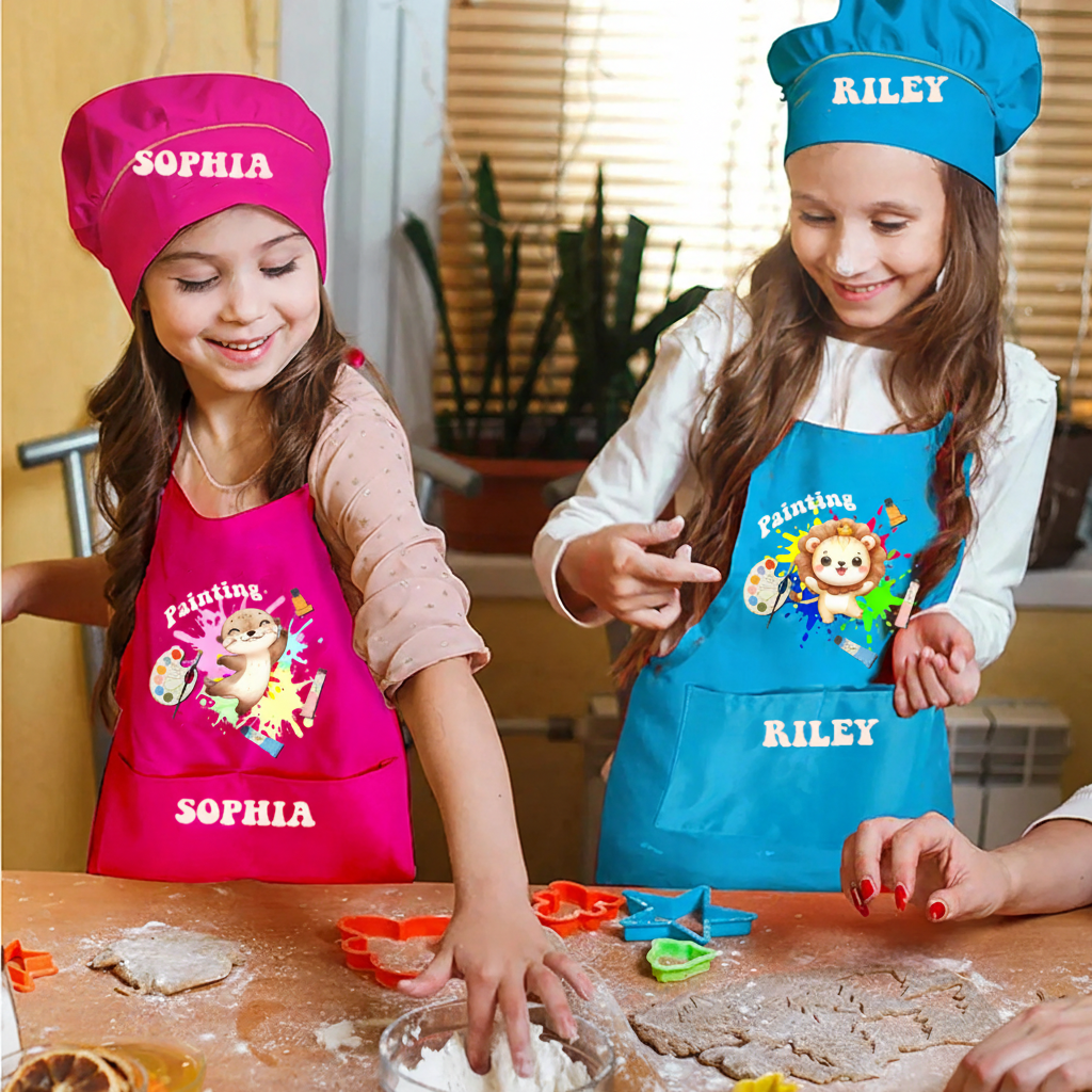 Personalized Cute Animal Kids Art Apron Fantasy Horse Kid Apron Chef Hat Set with Name Cooking Handcraft Activities Birthday Holiday Gift for Kids