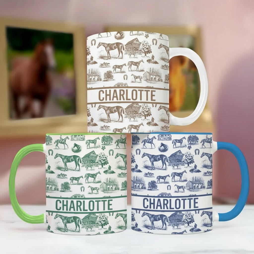 Personalized Multicolor Equestrianism Pattern Ceramic Coffee Mug with Text Anniversary Birthday Gift for Equestrians Cowgirls