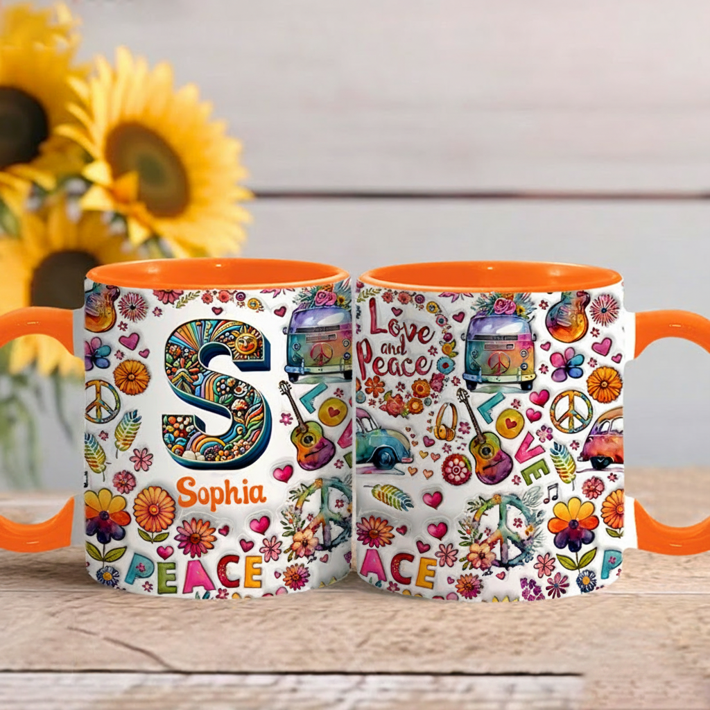 Personalized Hippie Soul Personalized name and Initial Letter mug Hippie Accent Mug for Holiday Decor Family Gifts and Party Favors