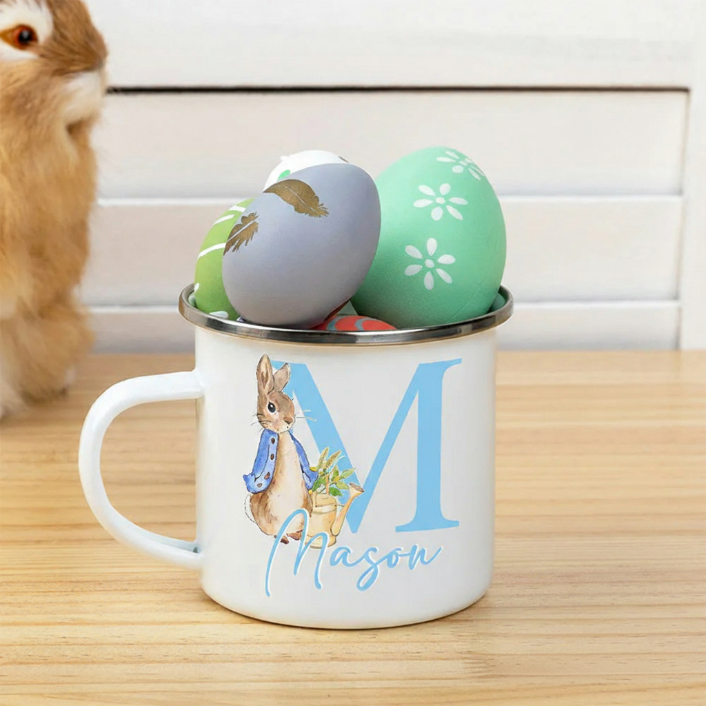 Personalized Cute Rabbit Bunny Enamel Mug with Initial and Name Back to School Birthday Easter Gift for Kids