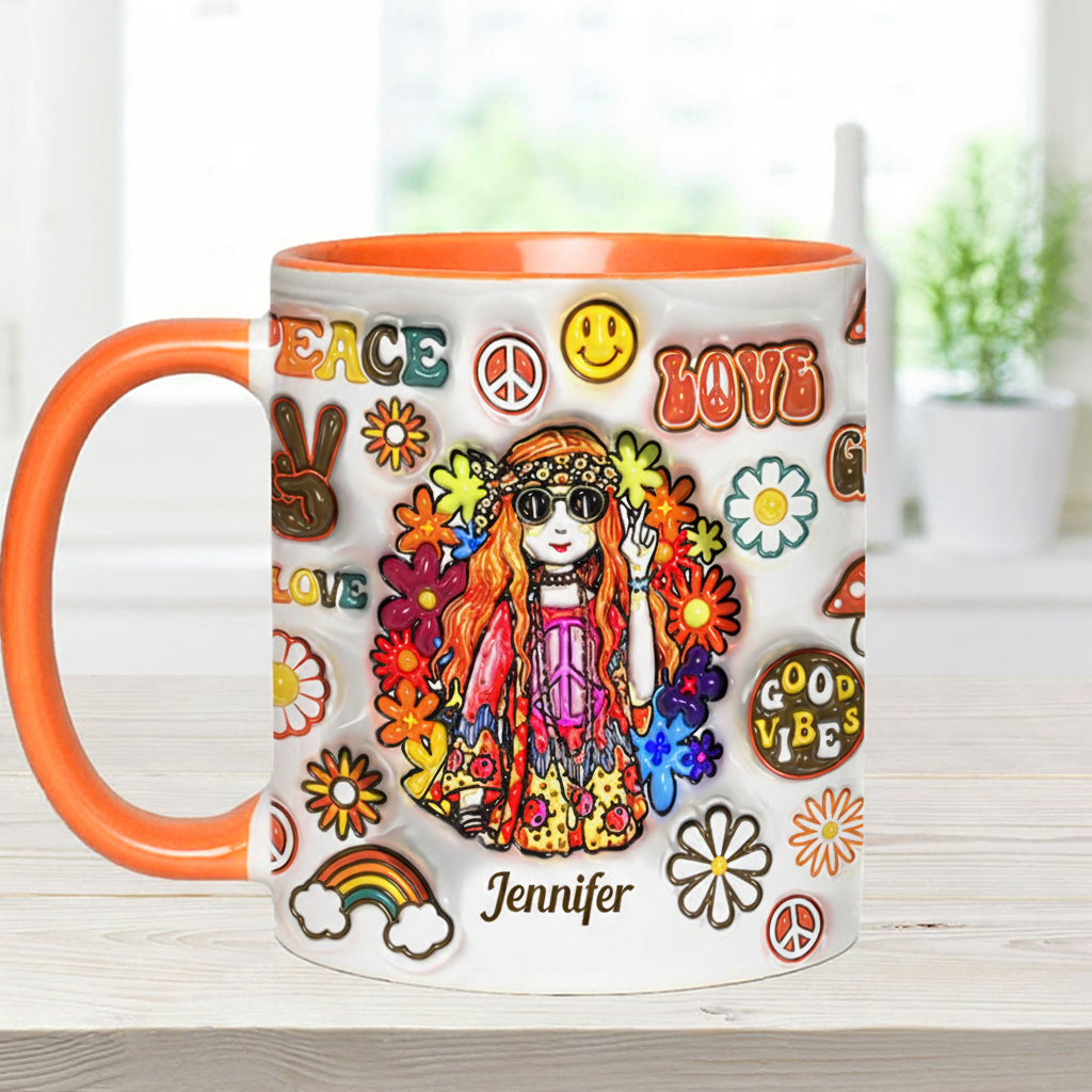 Personalized Name Hippie Accent Mug Hippie Girl Hippie Soul Peace Love Mug for Music Lover Gift