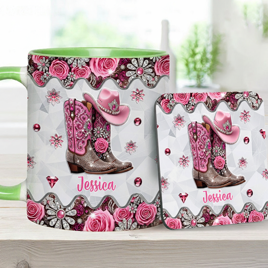 Personalized Name Cowgirl Accent Mug Custom Cowgirl Boots Gift for Music Lover Without Coaster