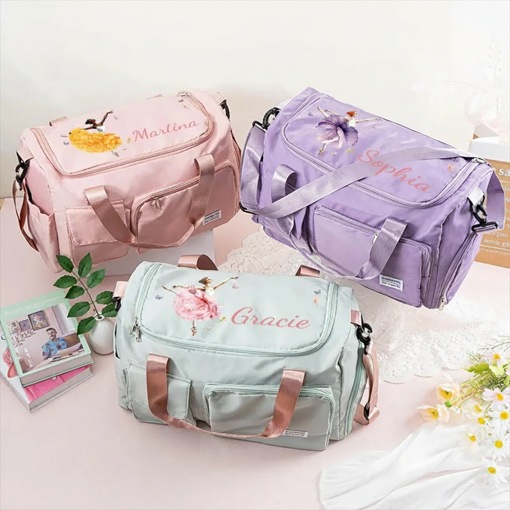 Personalized Ballet Girl Birth Flower Butterfly Waterproof Large Travel Duffle Bag Dance Bag with Shoe Compartment and Shoulder Strap for Dance Lover